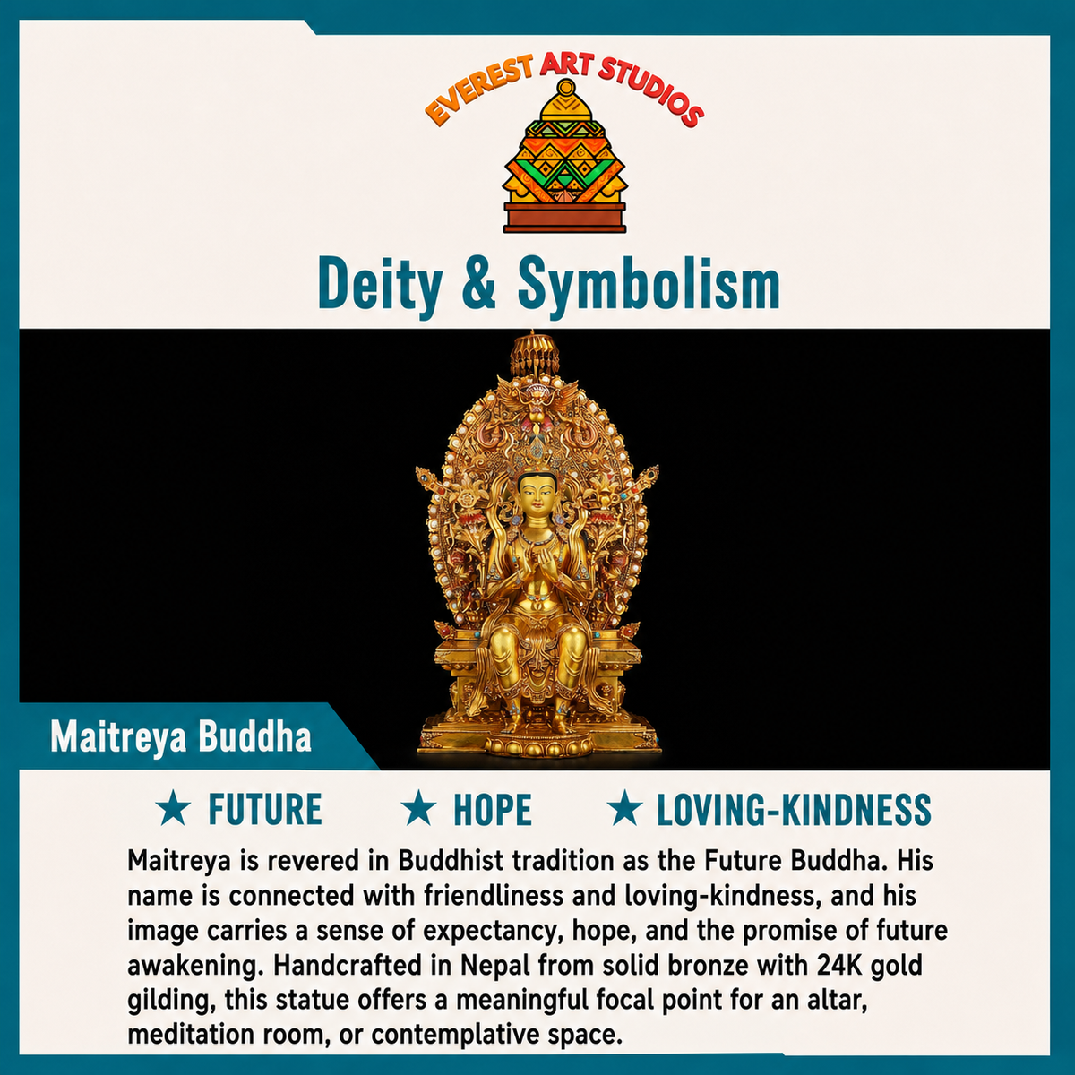 Maitreya Buddha deity and symbolism by Everest Art Studios
