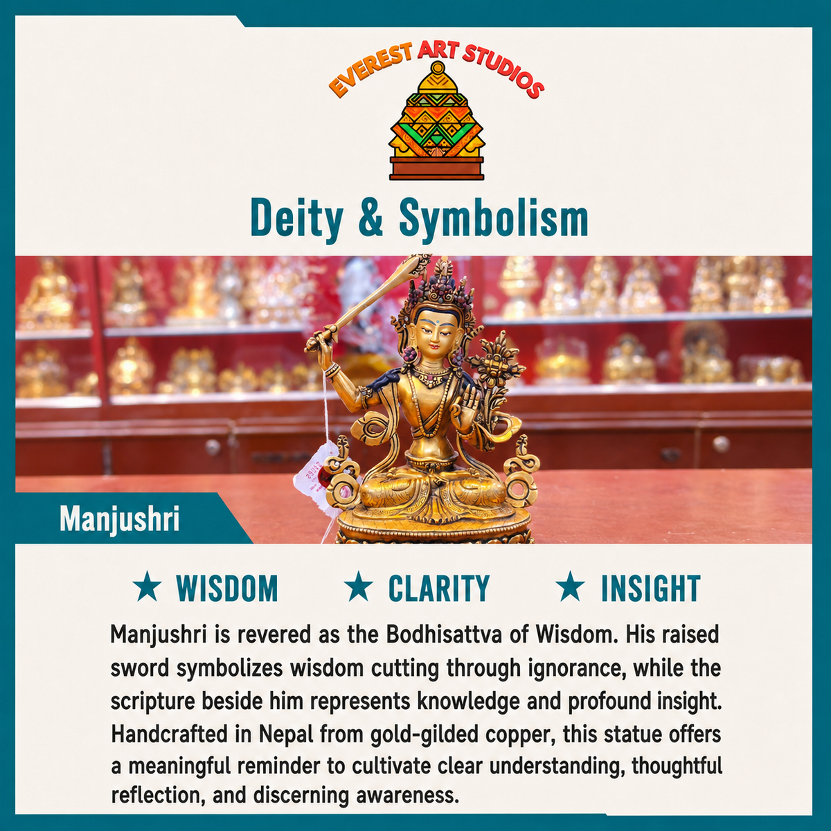 Manjushri aus vergoldetem Kupfer, 22.5 cm