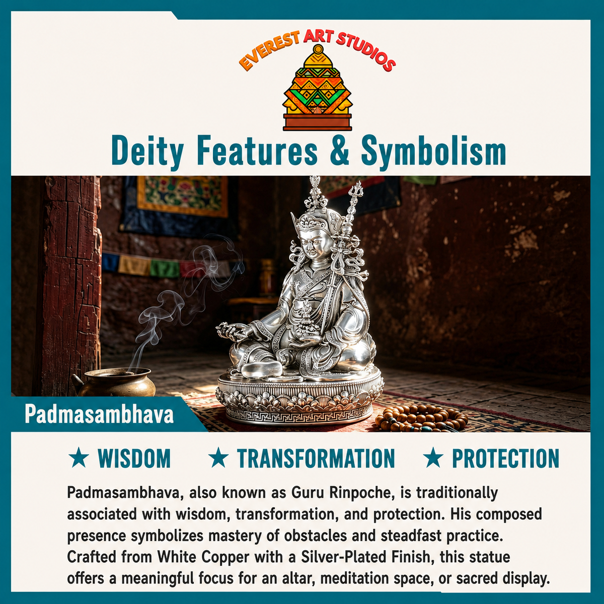 Padmasambhava deity features and symbolism infographic