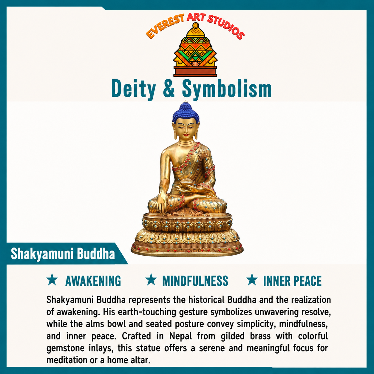 Gilded brass Shakyamuni Buddha deity and symbolism information card