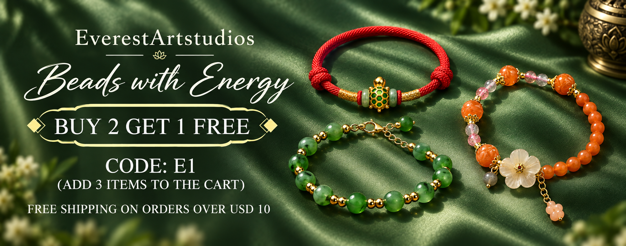 Beads with Energy collection banner. Buy 2 get 1 free, code E1. Free shipping on orders over USD 10.