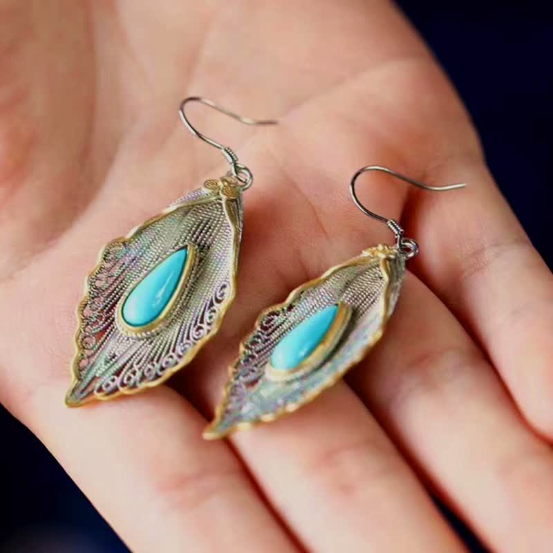 EverestArtStudios 925 Sterling Silver Turquoise Bodhi Leaf Pattern Protection Drop Dangle Earrings