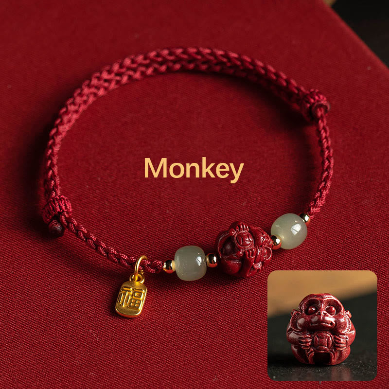 EverestArtstudios Natural Cinnabar Chinese Zodiac Hetian Jade Fu Character Luck Rope Bracelet