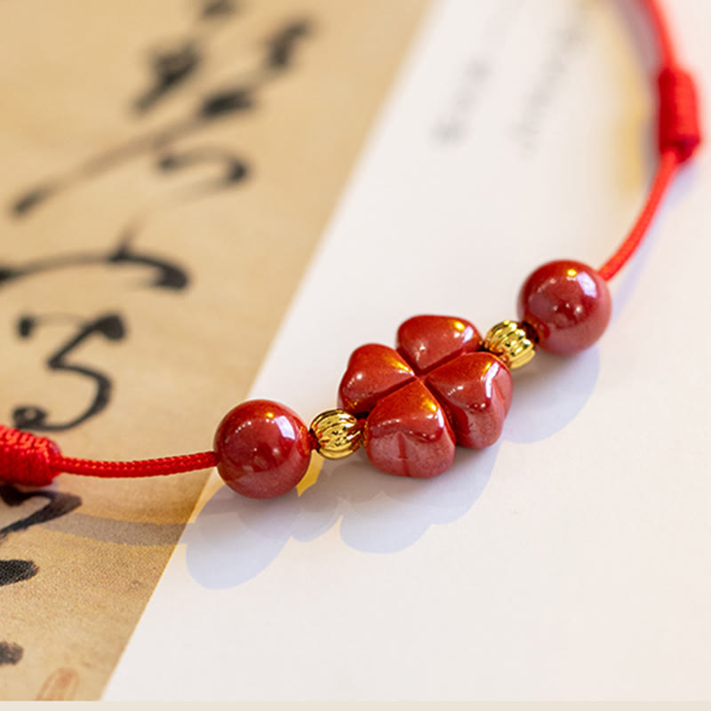 EverestArtstudios Four Leaf Clover Cinnabar Blessing Calm String Bracelet Anklet
