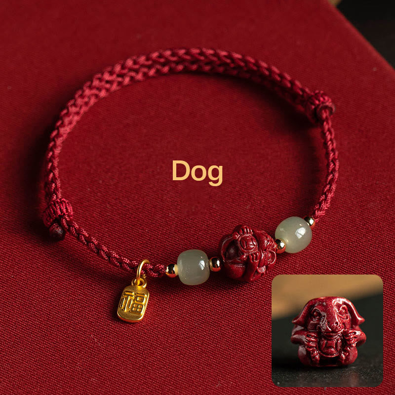 EverestArtstudios Natural Cinnabar Chinese Zodiac Hetian Jade Fu Character Luck Rope Bracelet