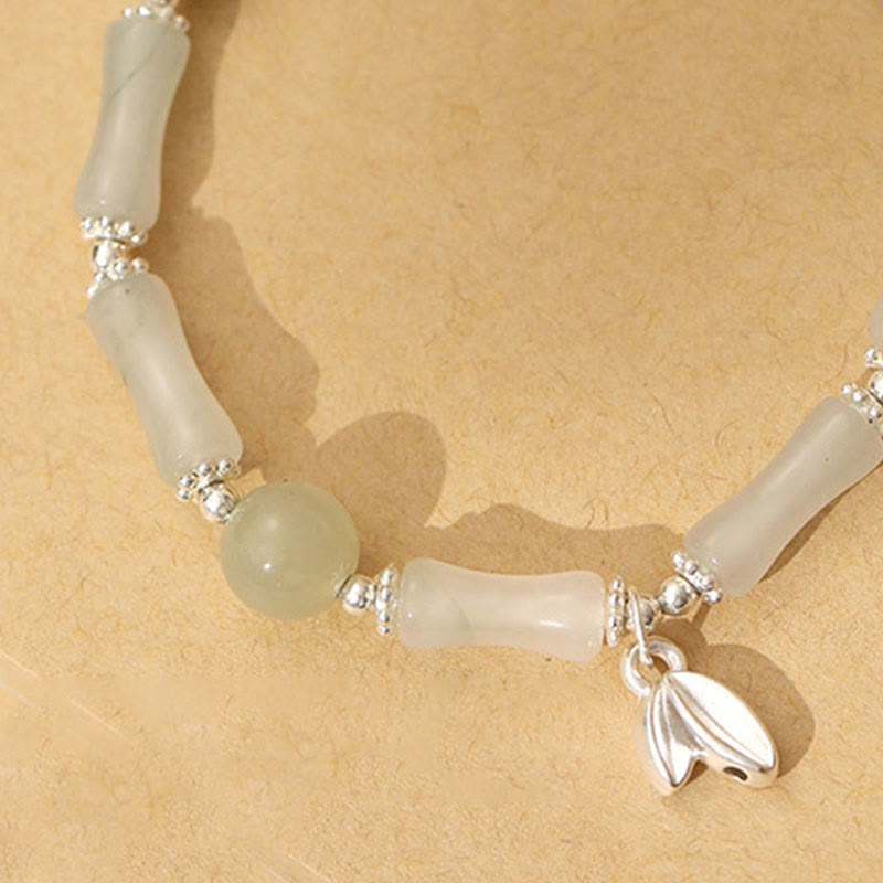 Buddha Stones 925 Sterling Silver Natural Tianshan Jade Bamboo Charm Luck Bracelet