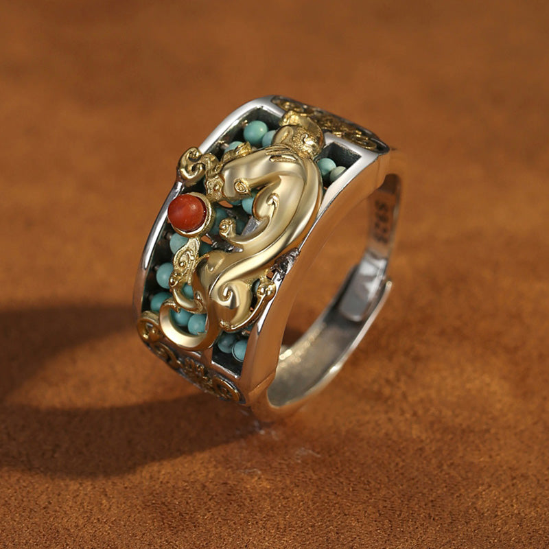 EverestArtStudios 925 Sterling Silver Turquoise Red Agate PiXiu Abacus Protection Ring