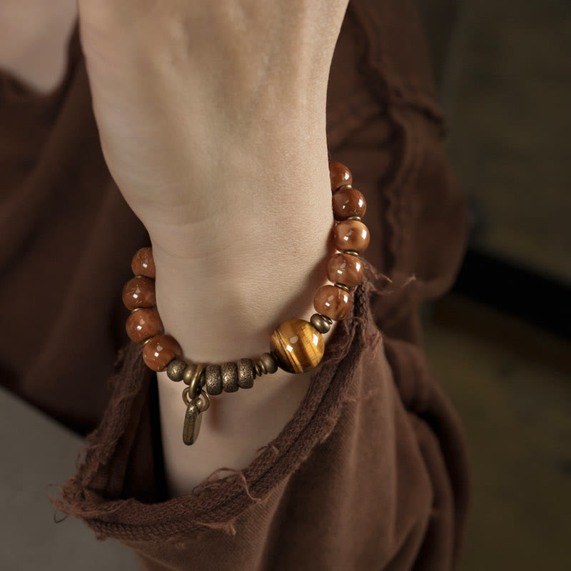 Buddha Stones Kuka Seed Tiger Eye Gold Sheen Obsidian Brass Copper Wealth Luck Bracelet