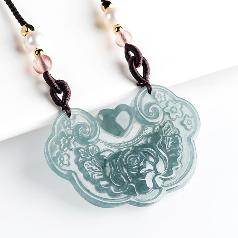 EverestArtstudios Natural Jade Peony Flower Lock of Good Wishes Prosperity Necklace Pendant