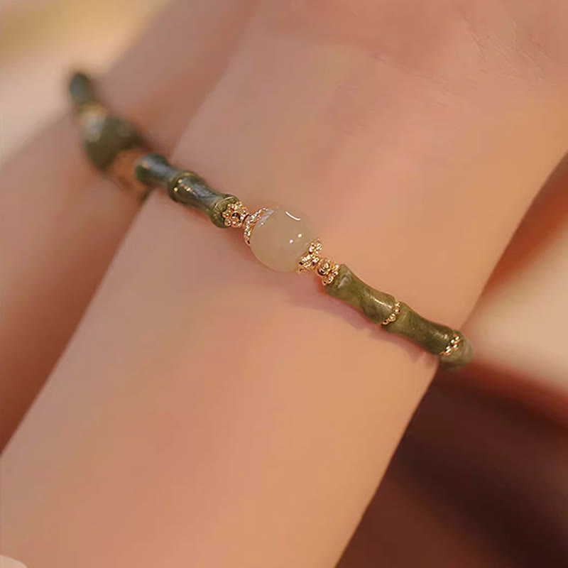 EverestArtStudios 14K Copper Plated Peridot Hetian Jade Bamboo Pattern Luck Bracelet