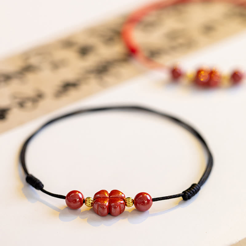 EverestArtstudios Four Leaf Clover Cinnabar Blessing Calm String Bracelet Anklet