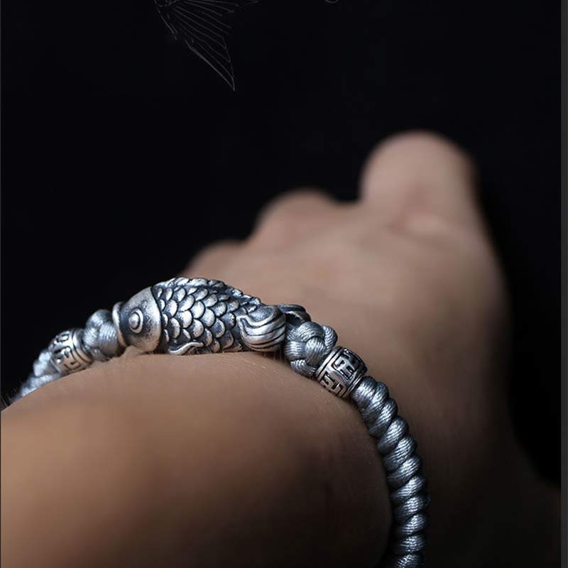 EverestArtstudios Silver Luck Koi Fish Braided String Bracelet