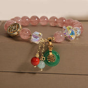 Buddha Stones Strawberry Quartz Jade Fu Character Charm Healing Bracelet