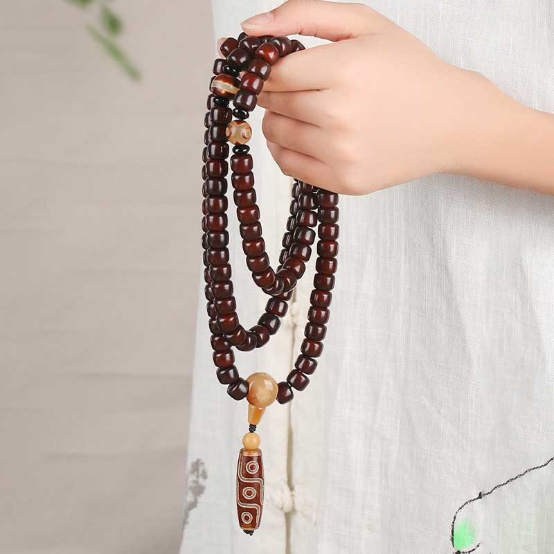 EverestArtstudios 108 Mala Beads Three-eyed Dzi Bead Nine-eye Dzi Bead Jade Luck Bracelet