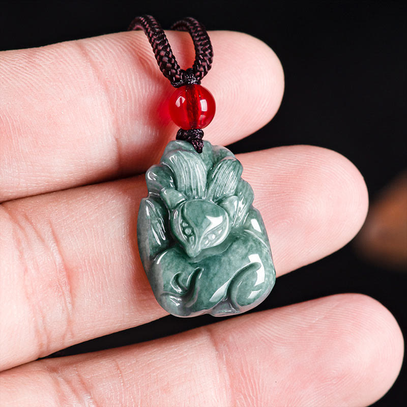 EverestArtstudios Natural Green Jade Nine Tailed Fox Engraved Prosperity Necklace Pendant