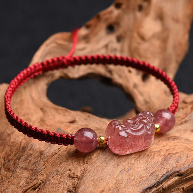 EverestArtstudios Natural Strawberry Quartz PiXiu Lucky Red String Bracelet