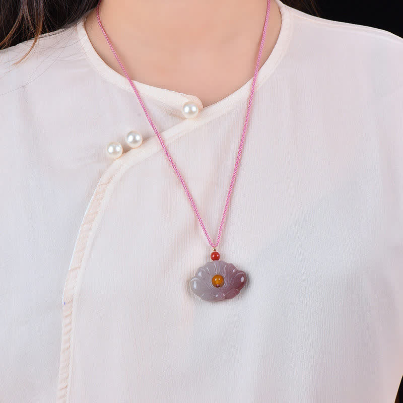 EverestArtstudiosPink Golden Silk Jade Lotus Flower Wealth Necklace Pendant