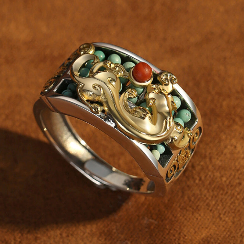 EverestArtStudios 925 Sterling Silver Turquoise Red Agate PiXiu Abacus Protection Ring