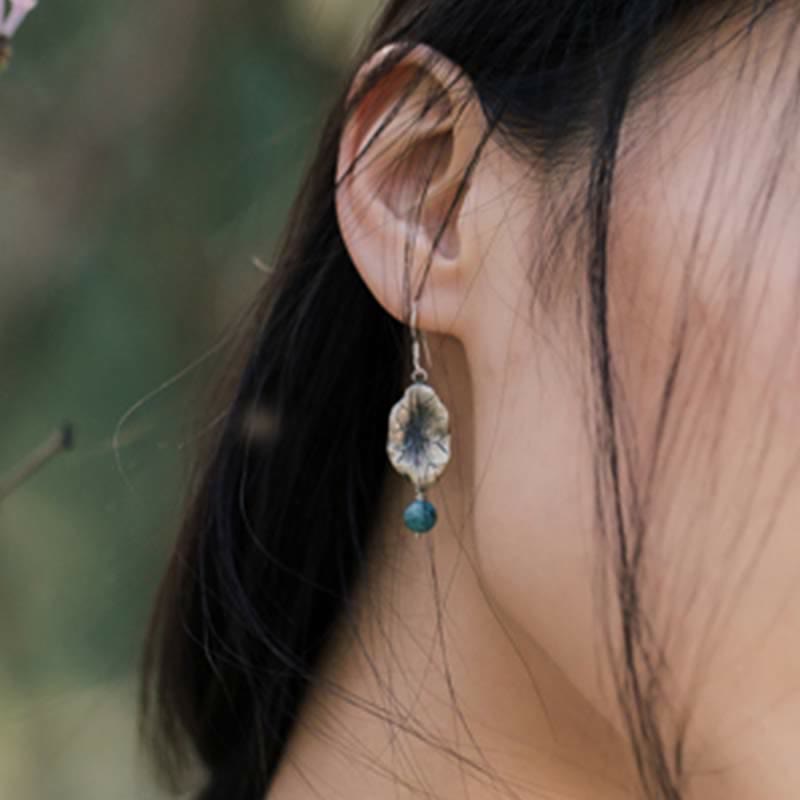 EverestArtStudios 925 Sterling Silver Turquoise Lotus Leaf Protection Drop Dangle Earrings