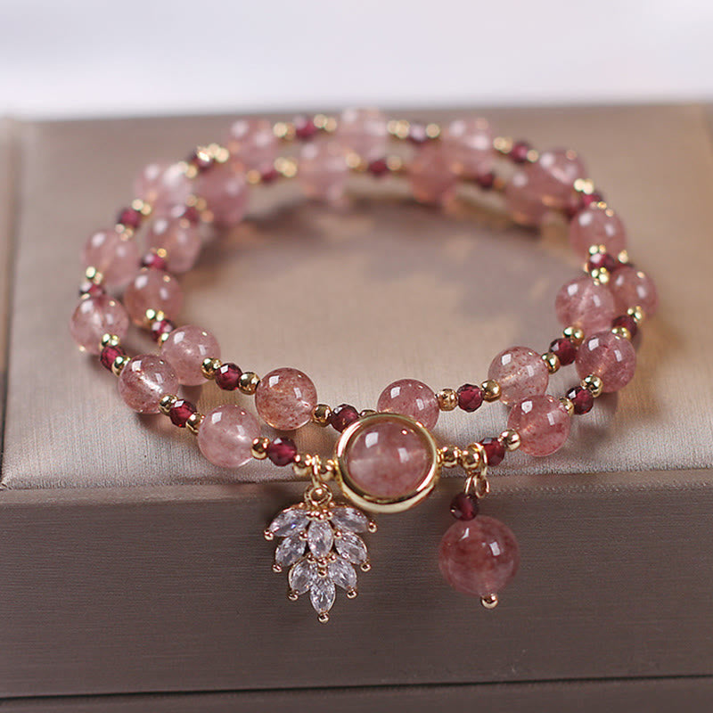 EverestArtstudios Natural Strawberry Quartz Love Healing Maple Leaf Charm Double Wrap Bracelet