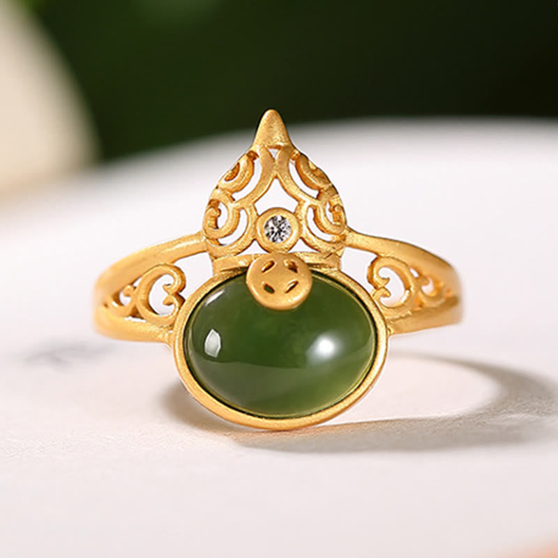 EverestArtstudios Gourd Cyan Jade Copper Coin Success Luck Adjustable Ring