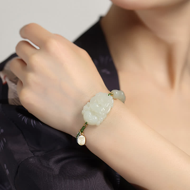 Buddha Stones 925 Sterling Silver Chinese Zodiac Hetian Jade Happiness Luck String Bracelet