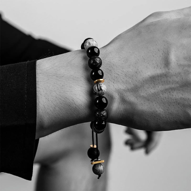 EverestArtStudios Black Obsidian Lava Rock Stone Yin Yang Strength Bracelet