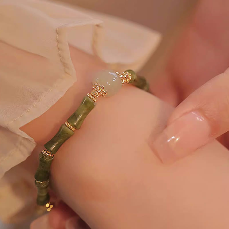 EverestArtStudios 14K Copper Plated Peridot Hetian Jade Bamboo Pattern Luck Bracelet