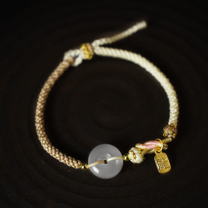 Buddha Stones Handmade White Agate Peace Buckle Luck Happiness Protection Weave String Bracelet