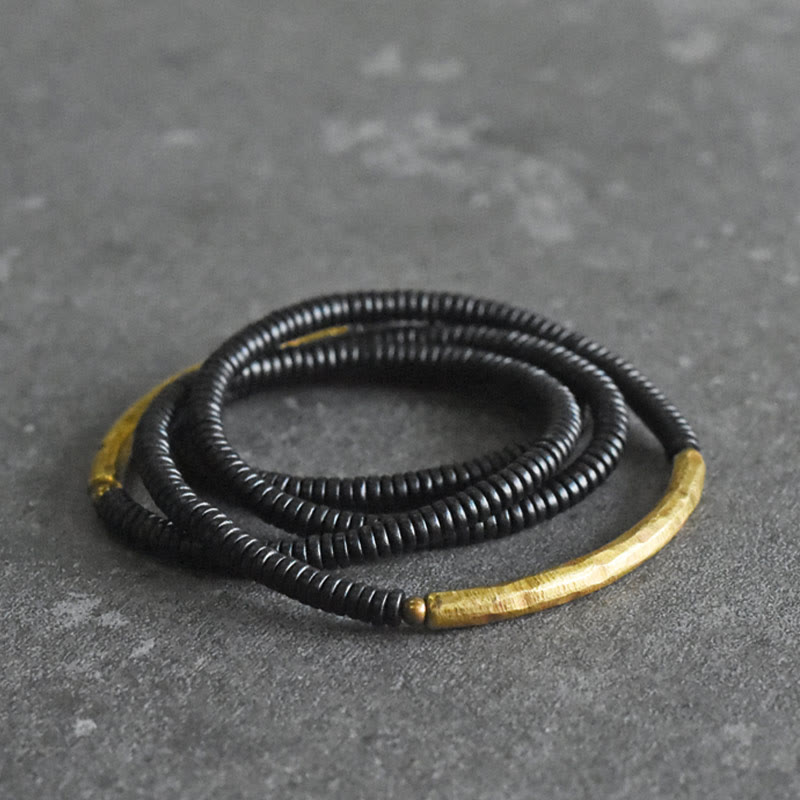 Buddha Stones Ebony Wood Brass Copper Balance Multilayered Bracelet