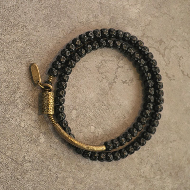 Buddha Stones Retro Coconut Shell Brass Copper Happiness Triple Wrap Bracelet