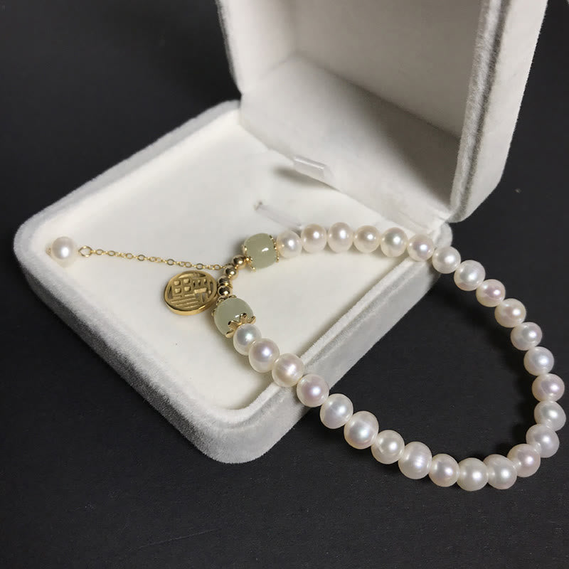 Buddha Stones Natural Pearl Hetian Jade Happiness Wisdom Bead Bracelet