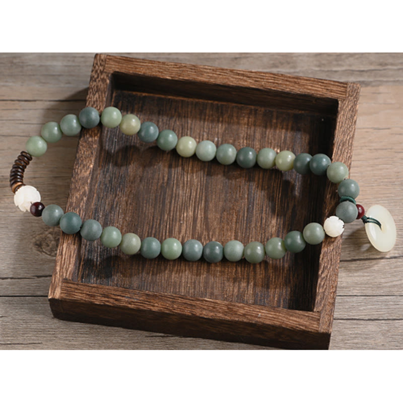 Buddha Stones Cyan Bodhi Seed Lotus Jade Peace Buckle Wisdom Double Wrap Bracelet
