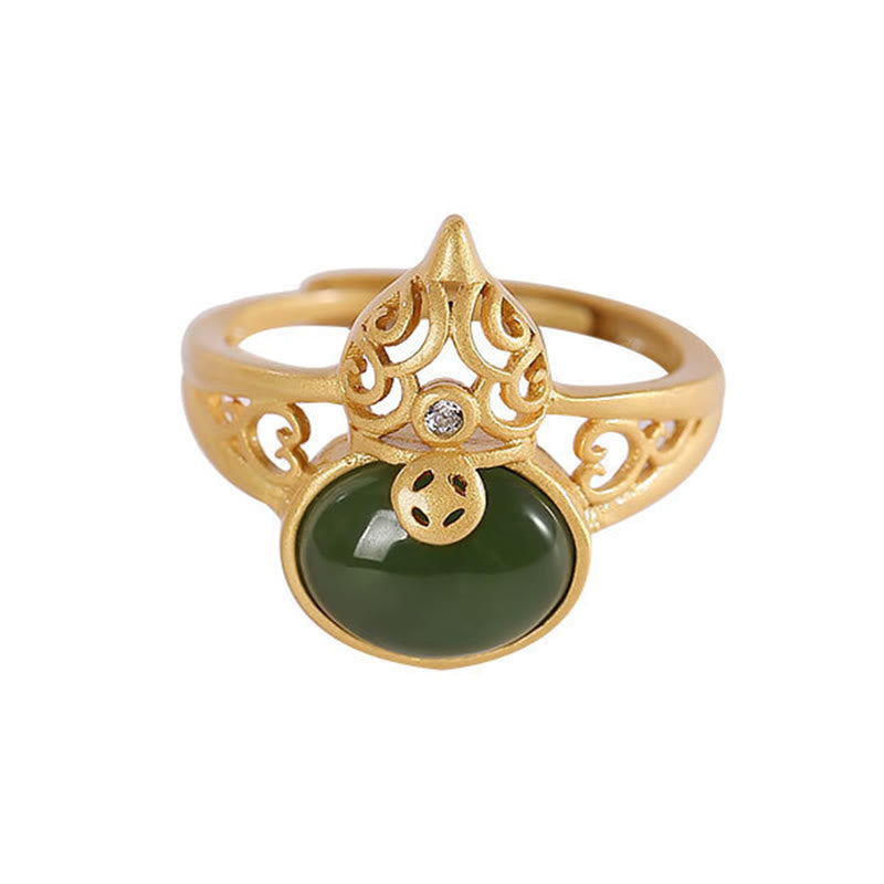EverestArtstudios Gourd Cyan Jade Copper Coin Success Luck Adjustable Ring