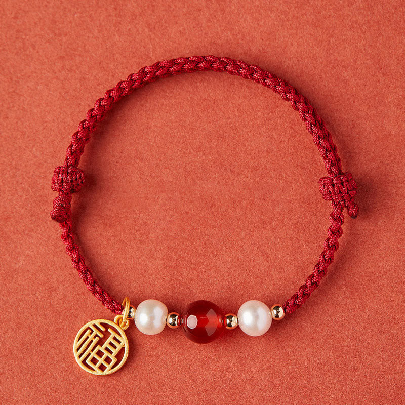 EverestArtstudios 925 Sterling Silver Good Fortune Fu Character Agate Pearl Red String Braid Bracelet