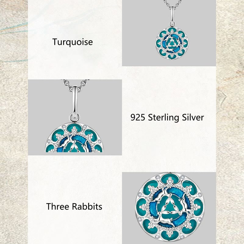 EverestArtStudios 925 Sterling Silver Round Turquoise Three Rabbits Balance Necklace Pendant