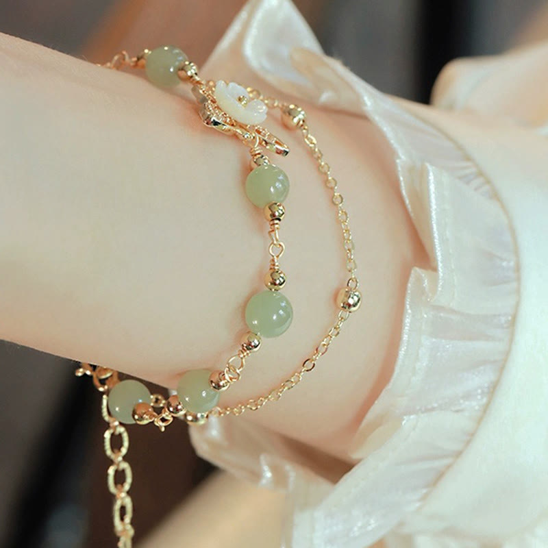 EverestArtStudios 14K Gold Plated Jade Butterfly Tridacna Stone Flower Double Layer Luck Bracelet