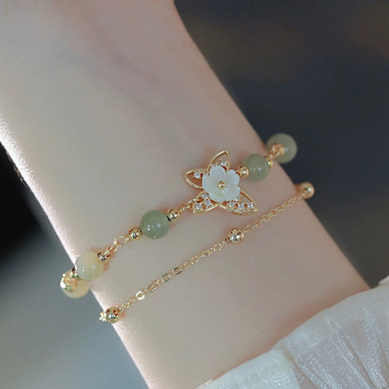 EverestArtStudios 14K Gold Plated Jade Butterfly Tridacna Stone Flower Double Layer Luck Bracelet