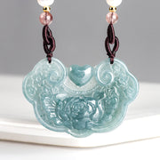 EverestArtstudios Natural Jade Peony Flower Lock of Good Wishes Prosperity Necklace Pendant