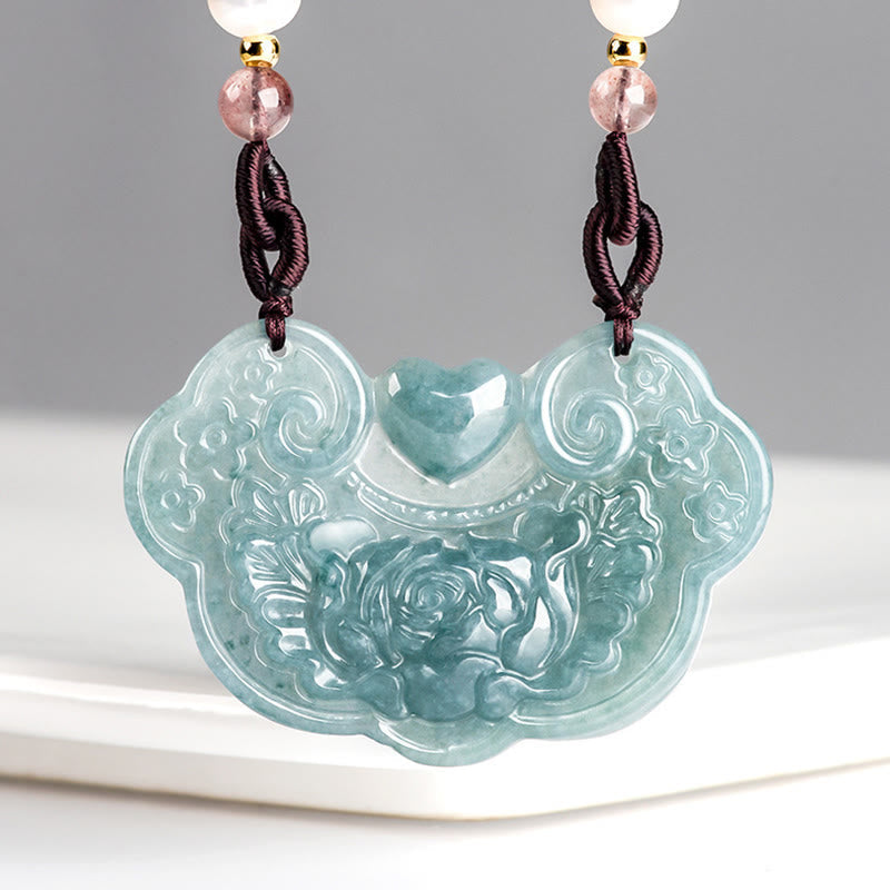 EverestArtstudios Natural Jade Peony Flower Lock of Good Wishes Prosperity Necklace Pendant