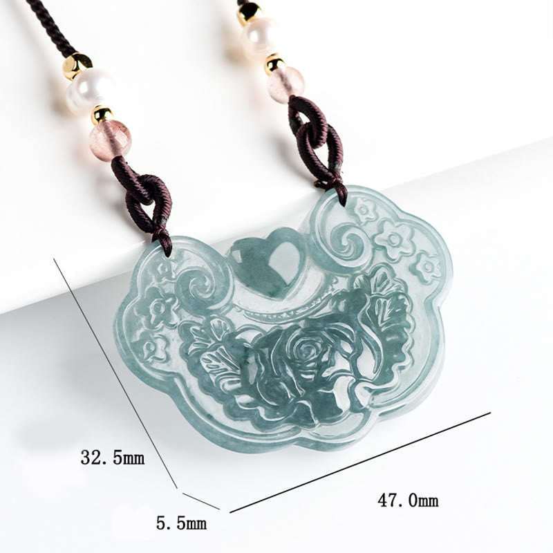EverestArtstudios Natural Jade Peony Flower Lock of Good Wishes Prosperity Necklace Pendant