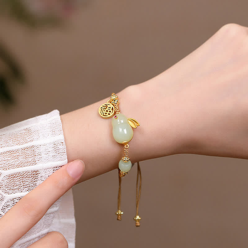 EverestArtStudios Year of the Rabbit Hetian Jade Happiness Blessing Wealth String Bracelet