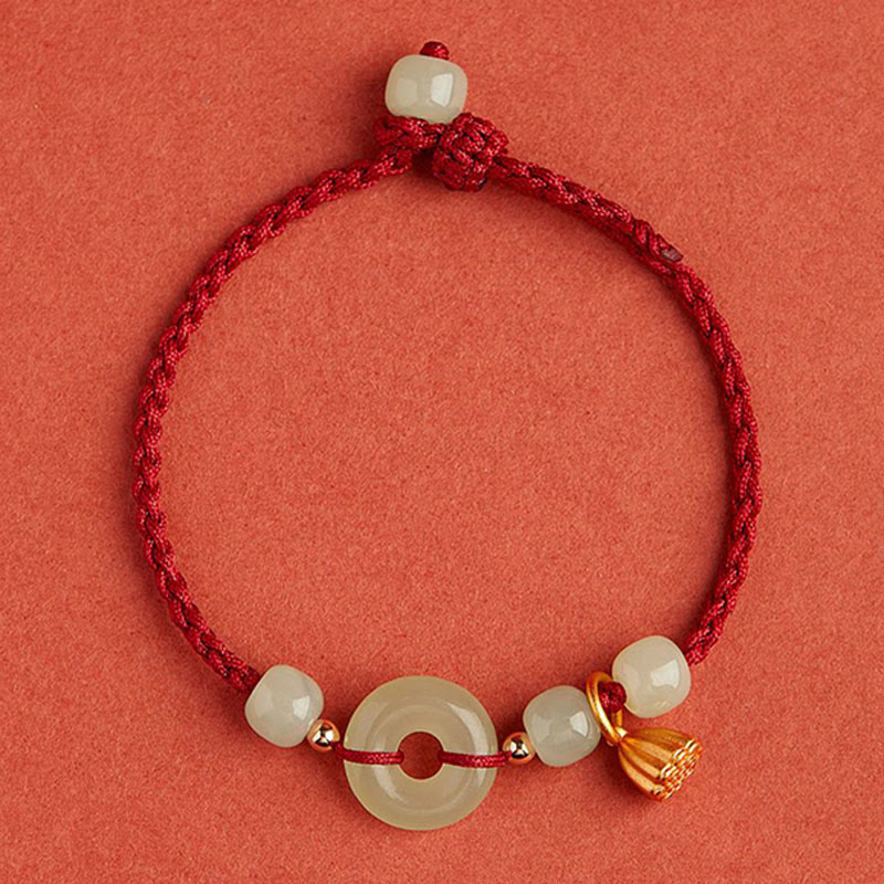 EverestArtstudios Round Peace Buckle Jade Lotus Happiness Abundance Wealth String Bracelet