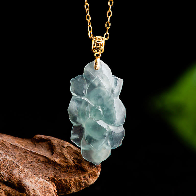 Buddha Stones Natural Jade Lotus Pattern Prosperity Titanium Steel Chain Necklace Pendant