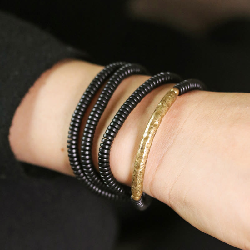 Buddha Stones Ebony Wood Brass Copper Balance Multilayered Bracelet