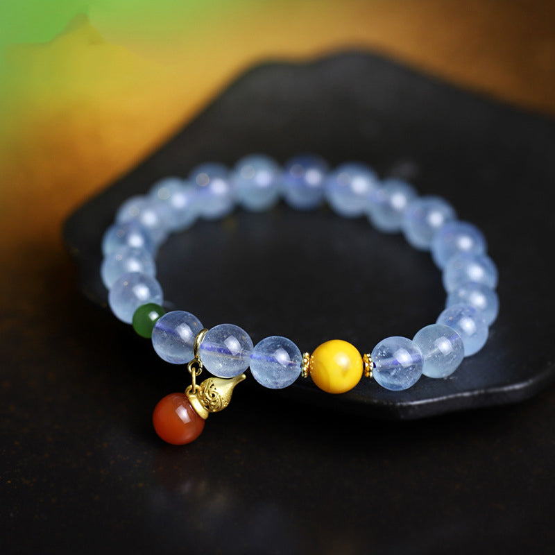 Buddha Stones Aquamarine Red Agate Peace Gourd Charm Bracelet
