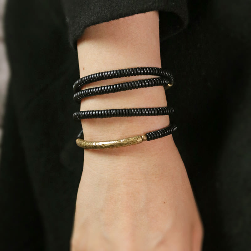 Buddha Stones Ebony Wood Brass Copper Balance Multilayered Bracelet