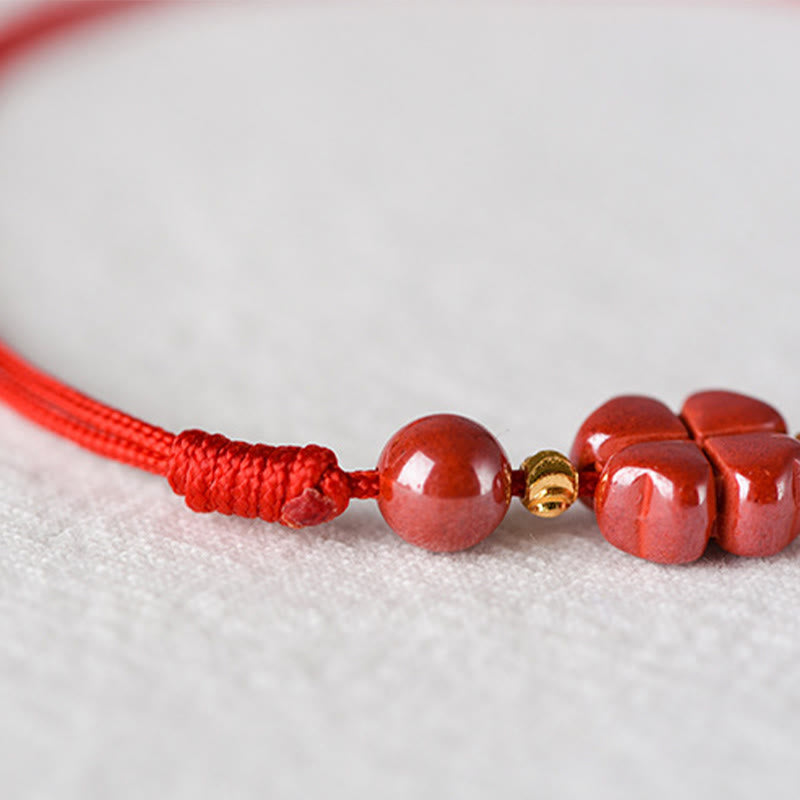EverestArtstudios Four Leaf Clover Cinnabar Blessing Calm String Bracelet Anklet