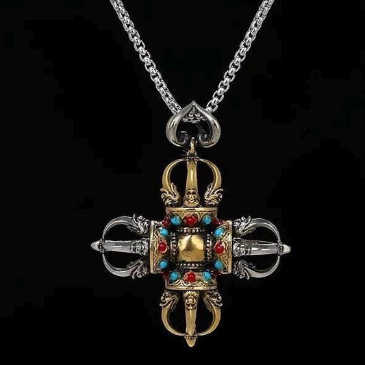 Handcrafted Cross Vajra Pendant, Nepalese Brass Filigree, Handmade Tibetan Style Colorful Beads