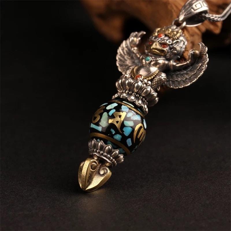 Handcrafted Silver Garuda Pendant Handcrafted Tibetan Sacred Protector Amulet Handmade Necklace